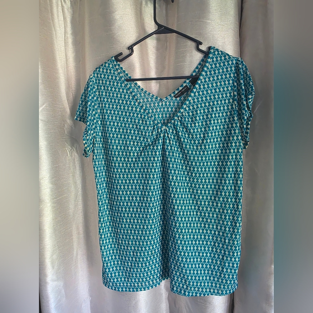 New York & Company Teal Houndstooth Blouse